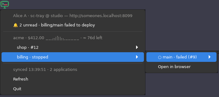 A deployment submenu open, offering only the gesture the platform would accept for a failed revision, plus Open in browser