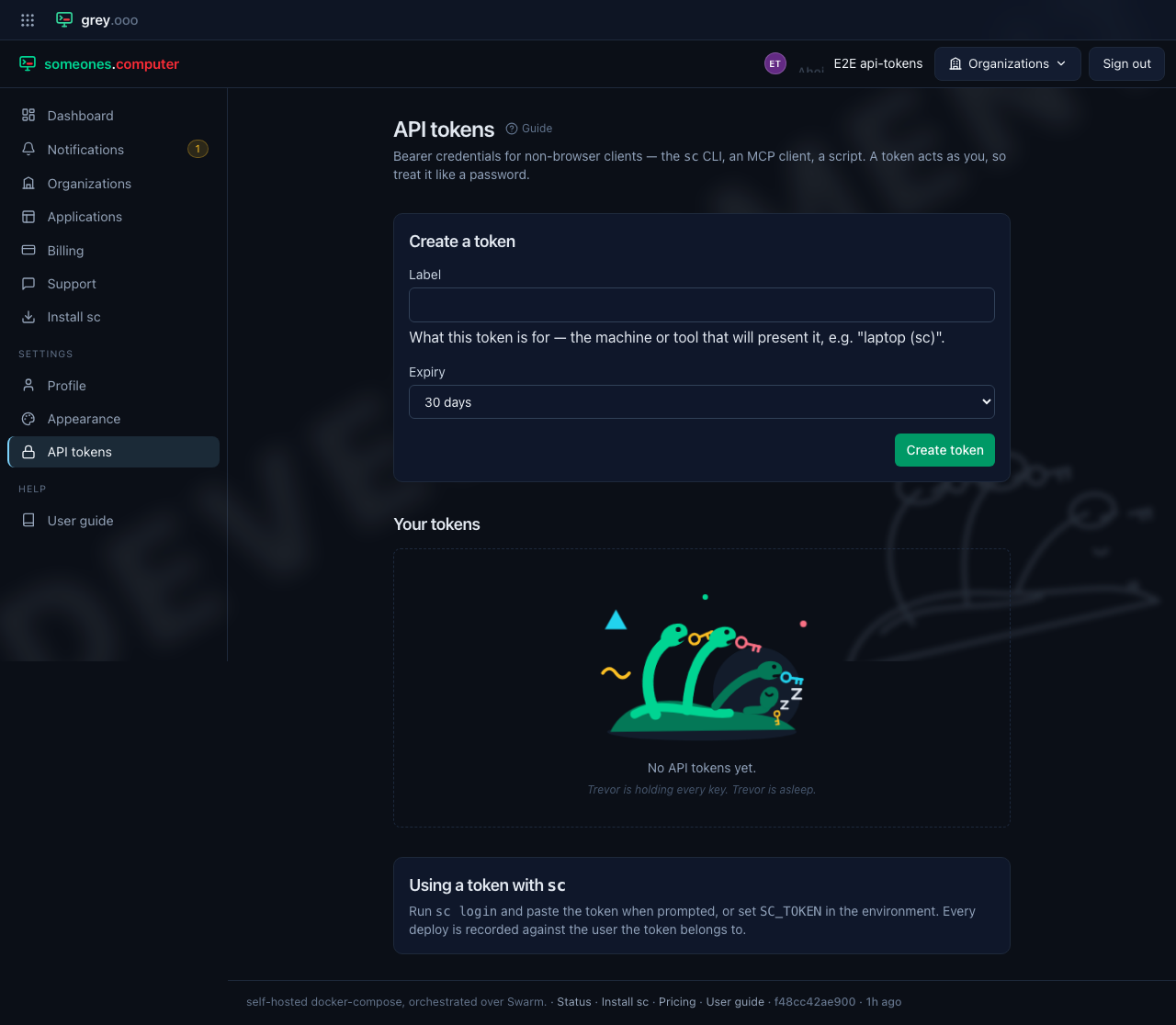 API tokens — empty state and create form