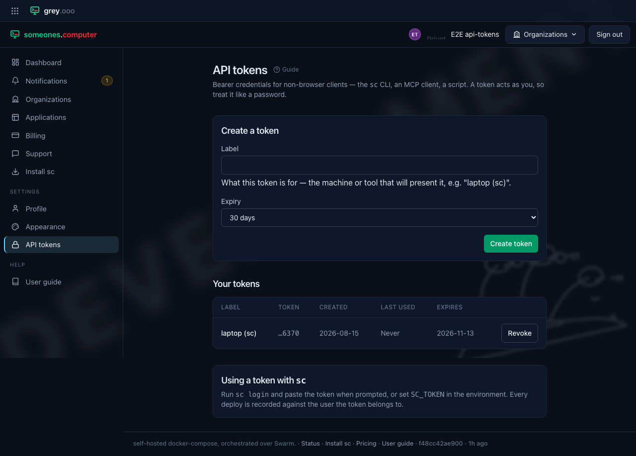 Token list after a reload — plaintext gone