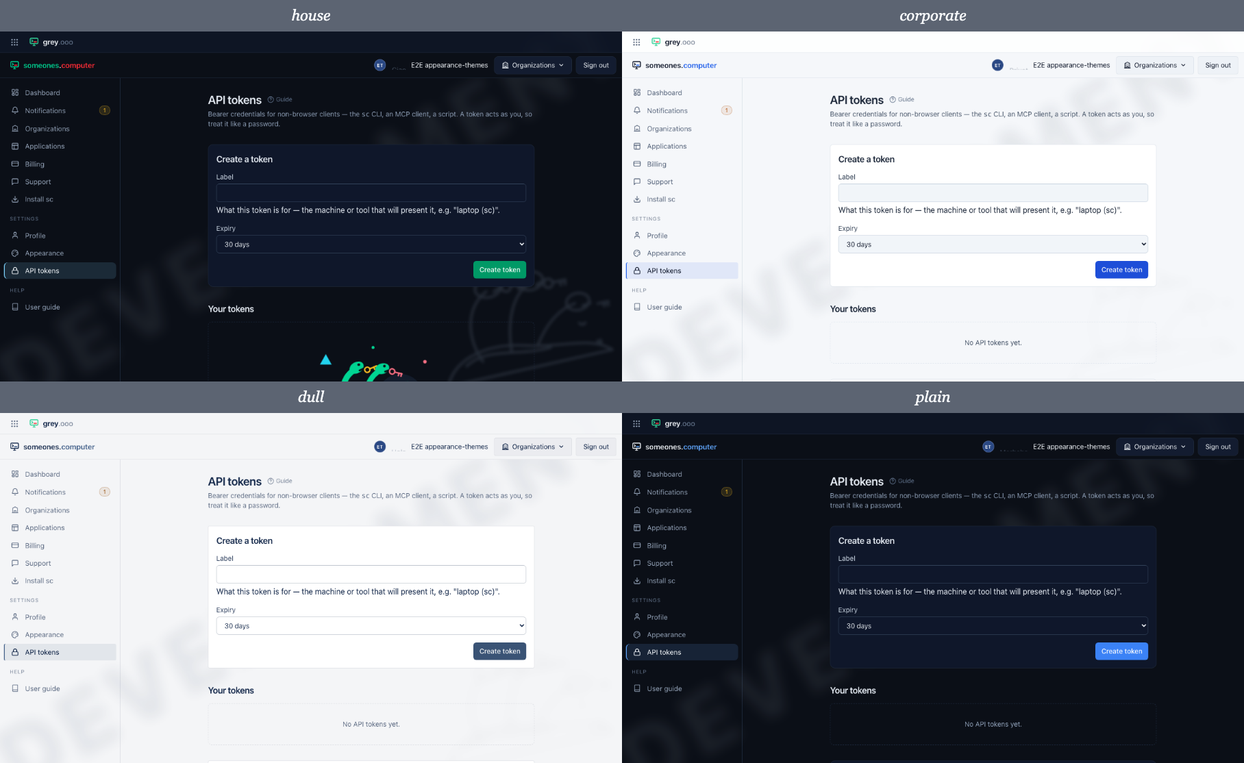 The same page in all four themes
