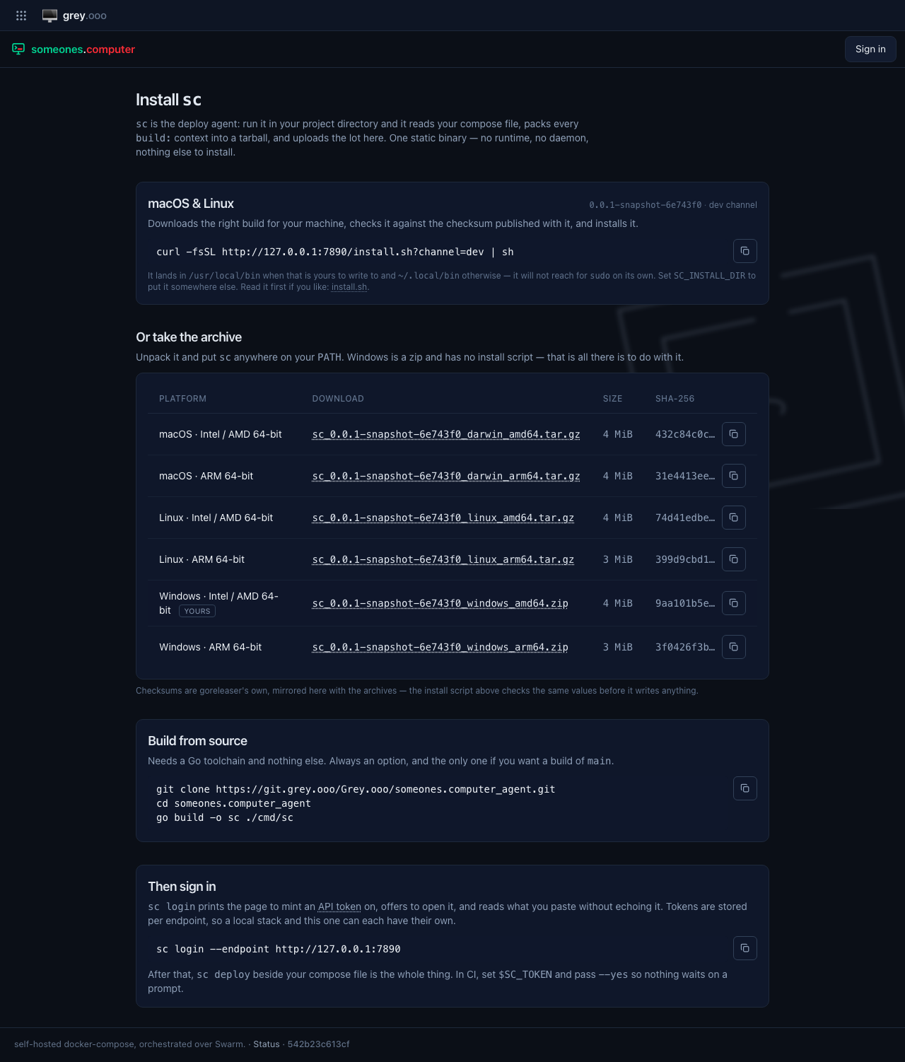 The install page — every build, its checksum, and the one-liner