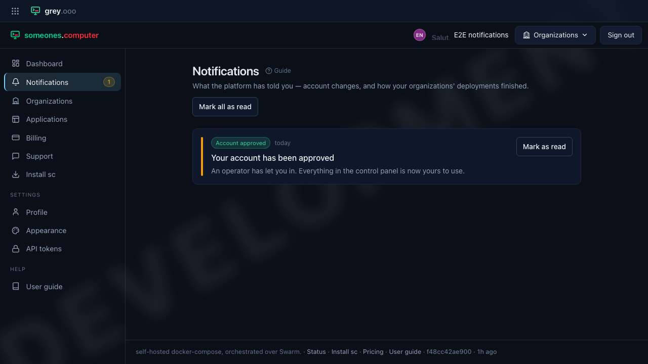 The notification centre with an unread notification