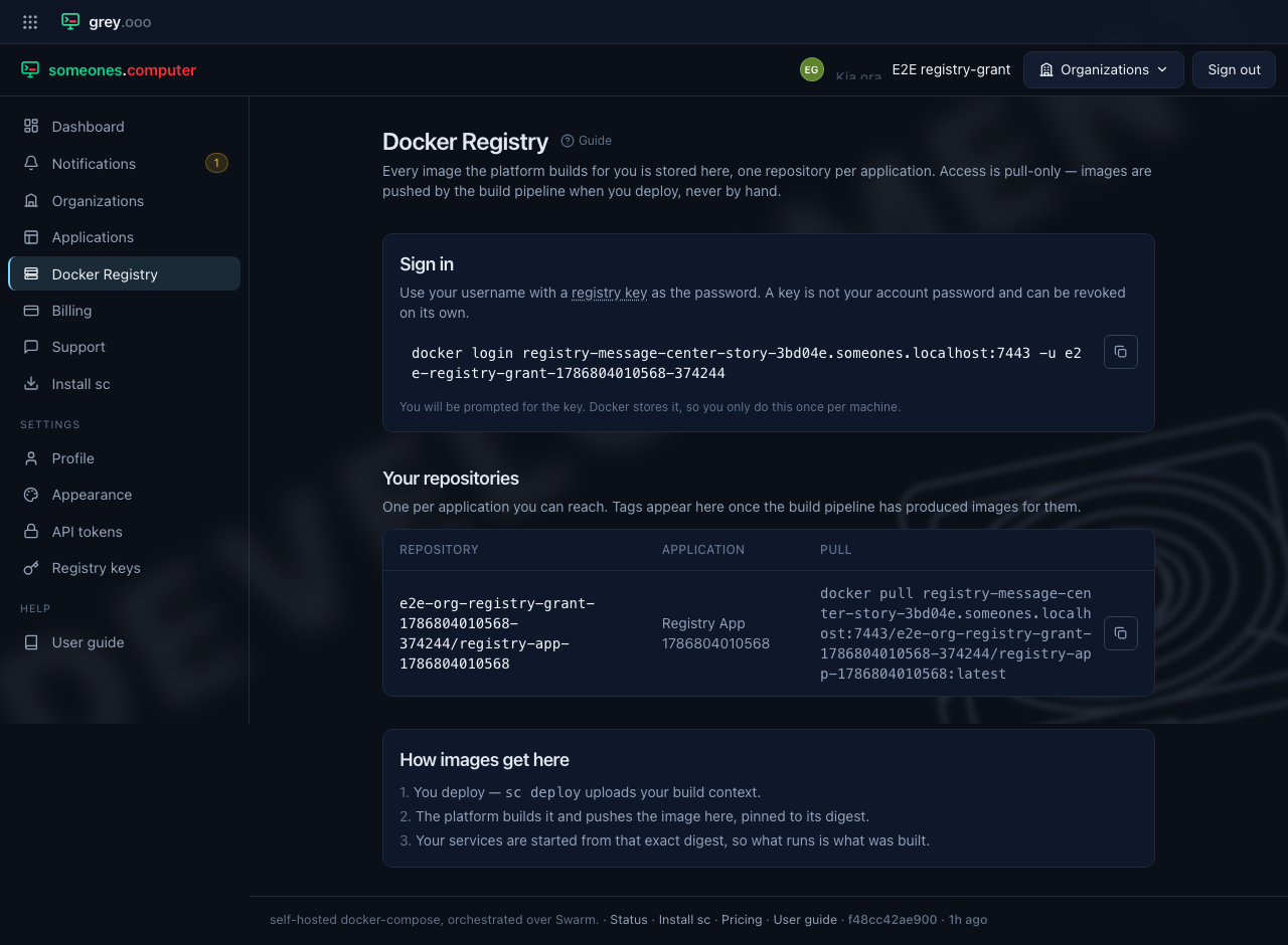 The Docker Registry page: sign-in instructions and the repositories you can pull
