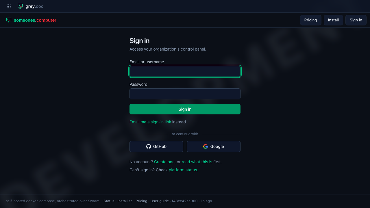The sign-in page, linking to the status page from its own copy and from the footer