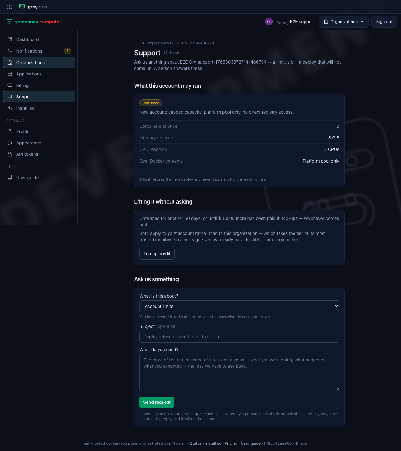 The support page for a capped account, ceilings first