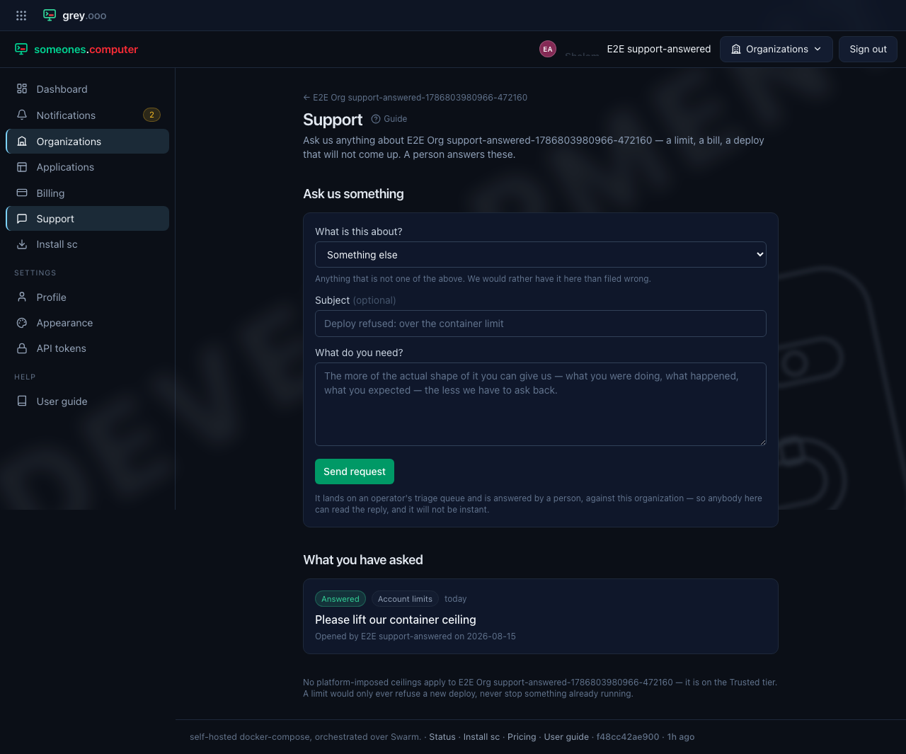 The support page for an account with no ceilings